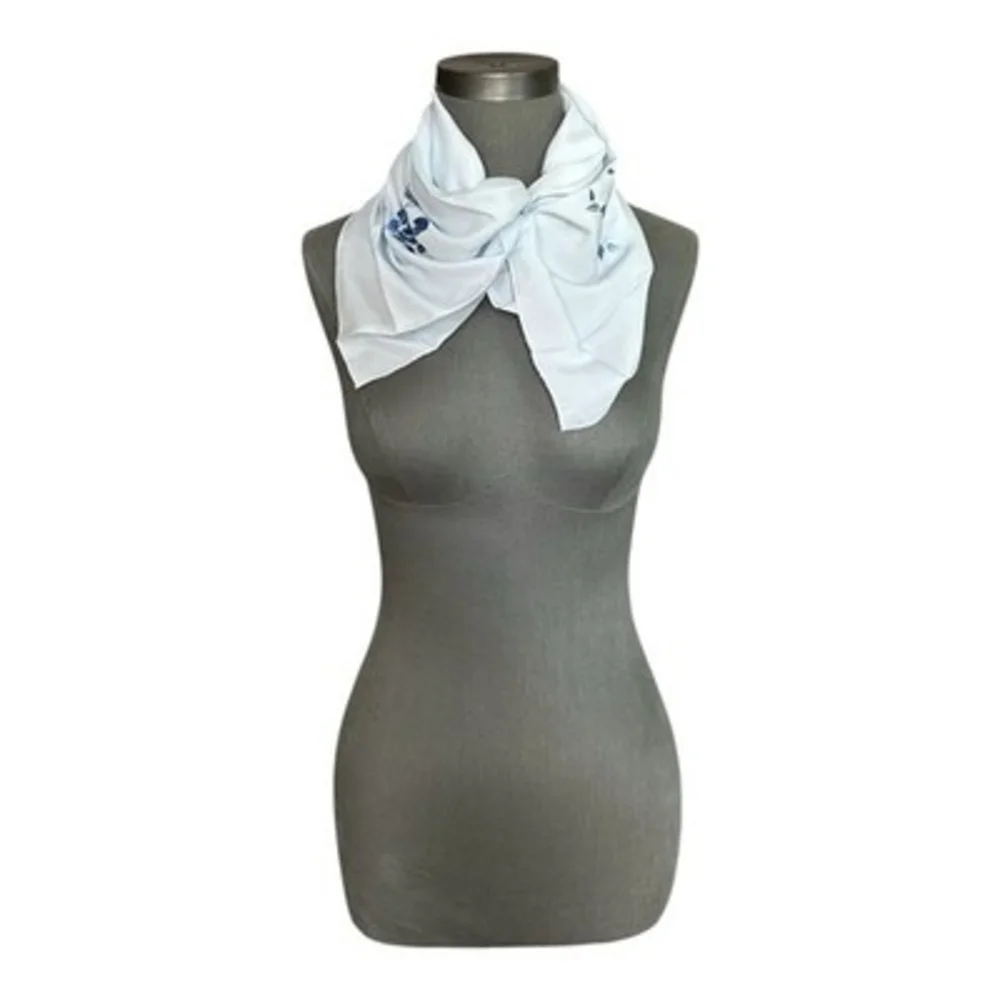 Light Blue Pure Silk Scarf Hand Embroidered Floral Motif Rectangle Neckerchief
